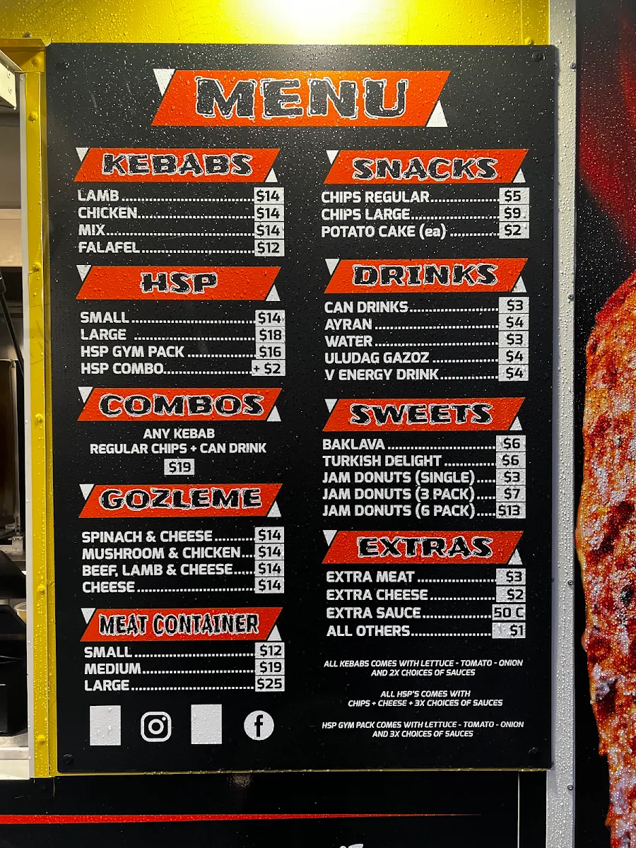 Menu, Westy Kebabs