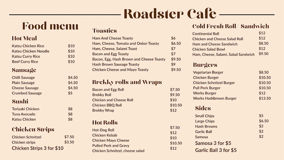 Menu, Roadster Cafe