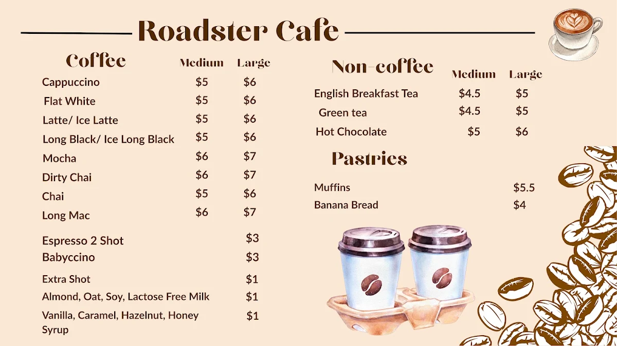 Menu, Roadster Cafe