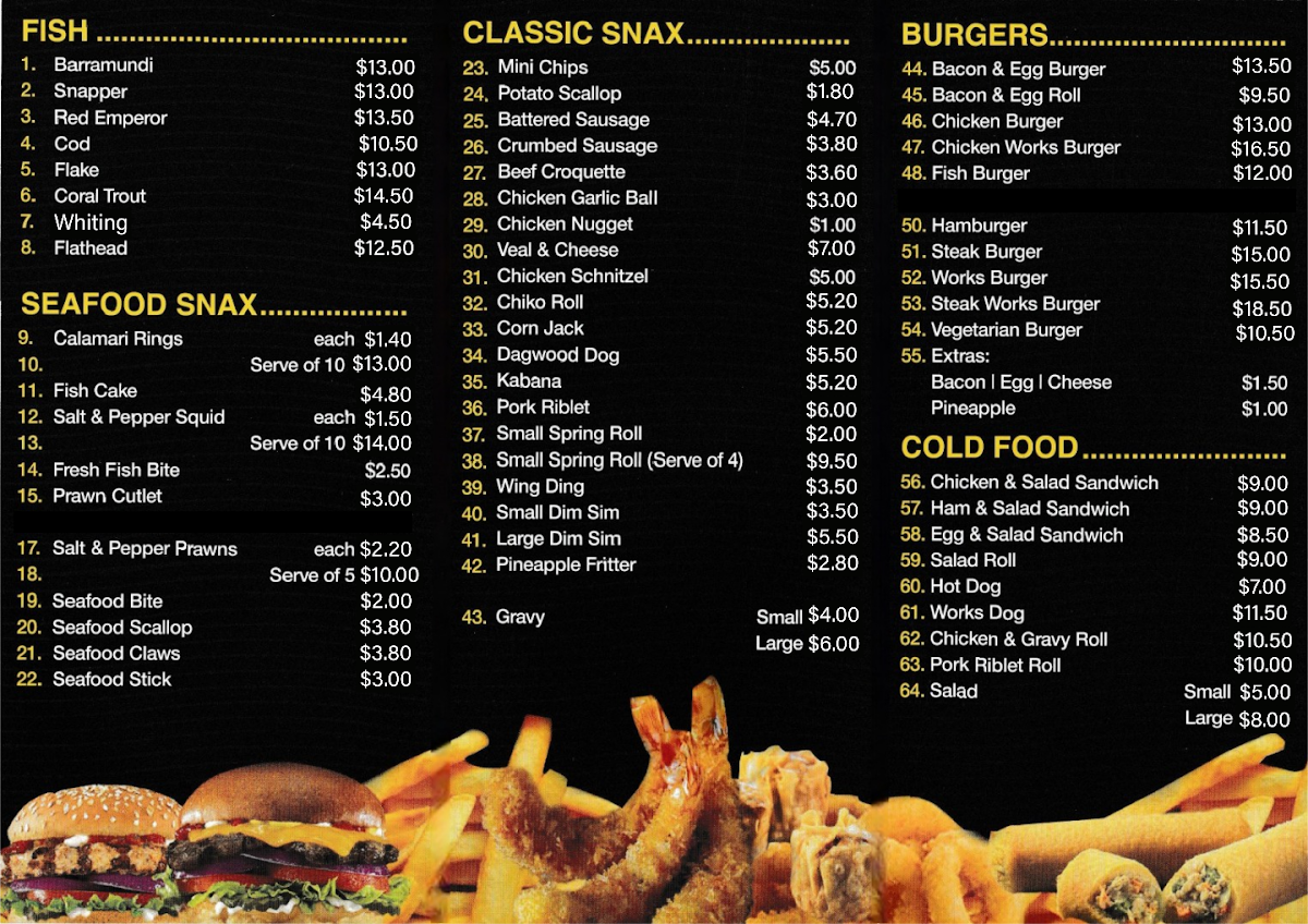 Menu, Creek Road Fish & Chips