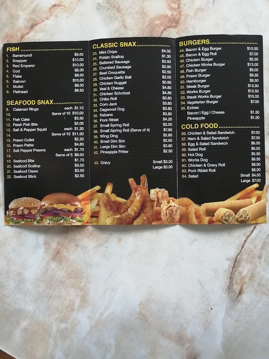 Menu, Creek Road Fish & Chips
