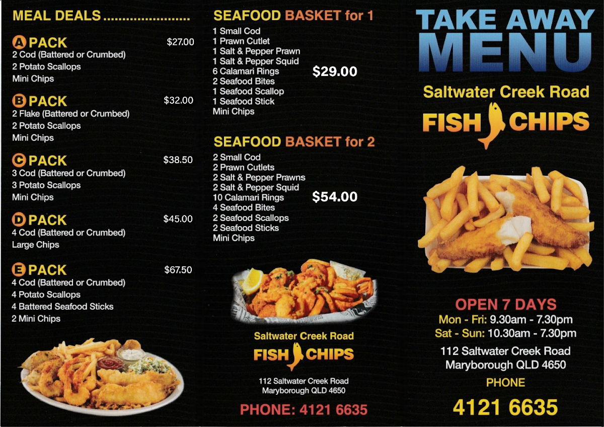 Menu, Creek Road Fish & Chips