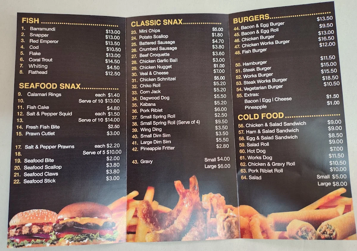 Menu, Creek Road Fish & Chips
