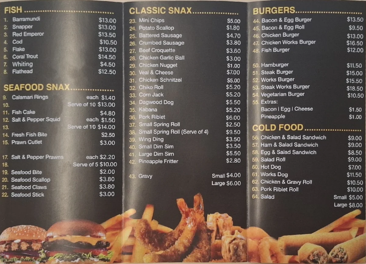 Menu, Creek Road Fish & Chips