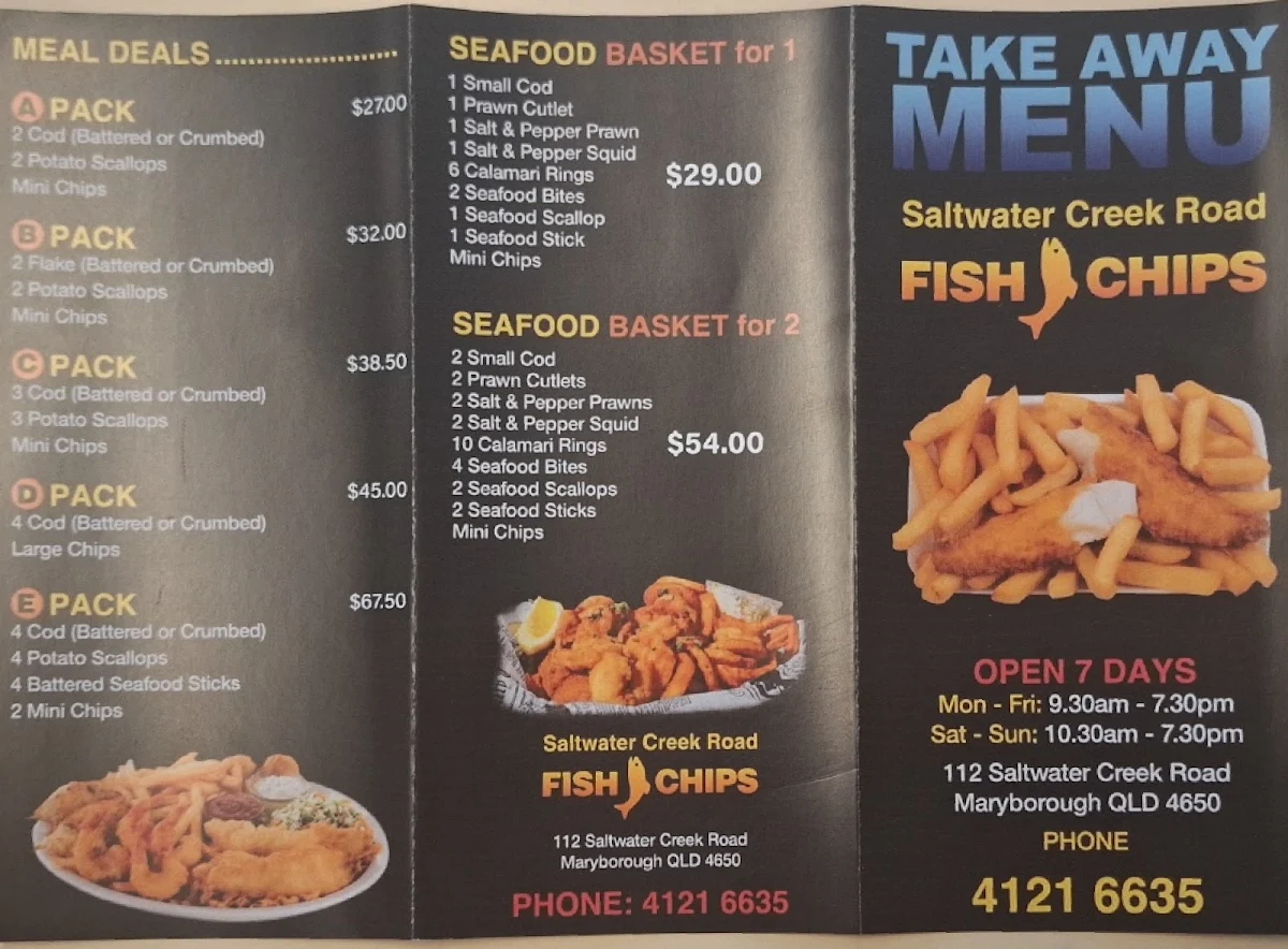 Menu, Creek Road Fish & Chips