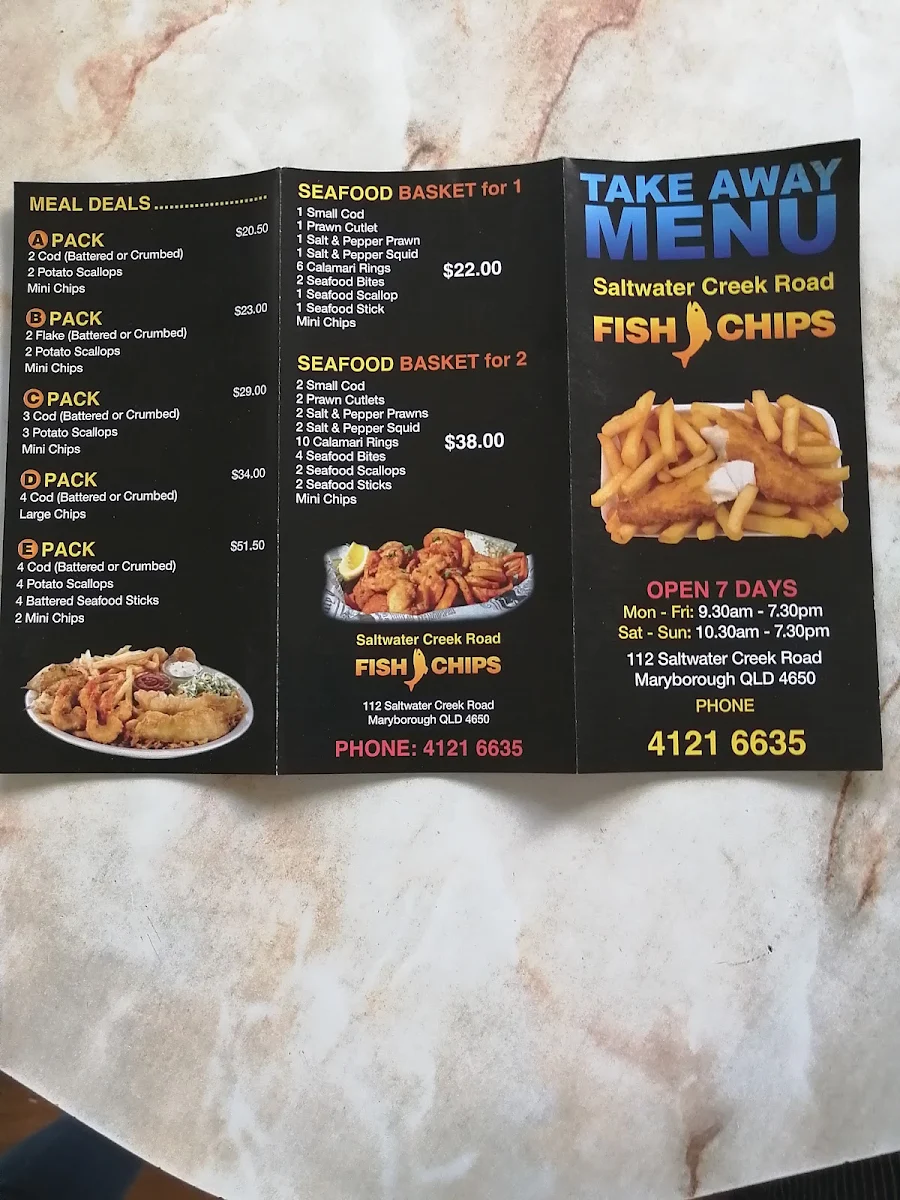 Menu, Creek Road Fish & Chips