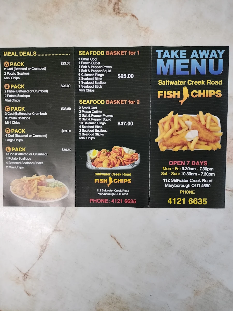 Menu, Creek Road Fish & Chips