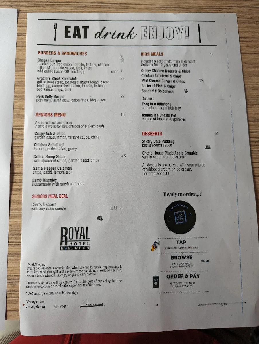 Menu, Royal Hotel