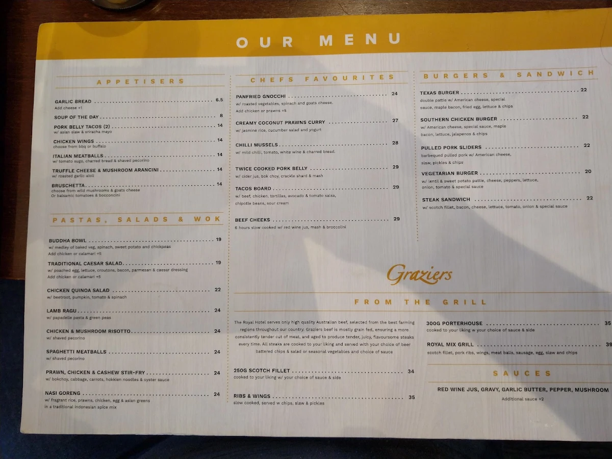 Menu, Royal Hotel
