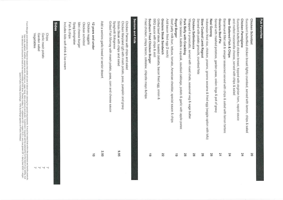 Menu, Royal Hotel