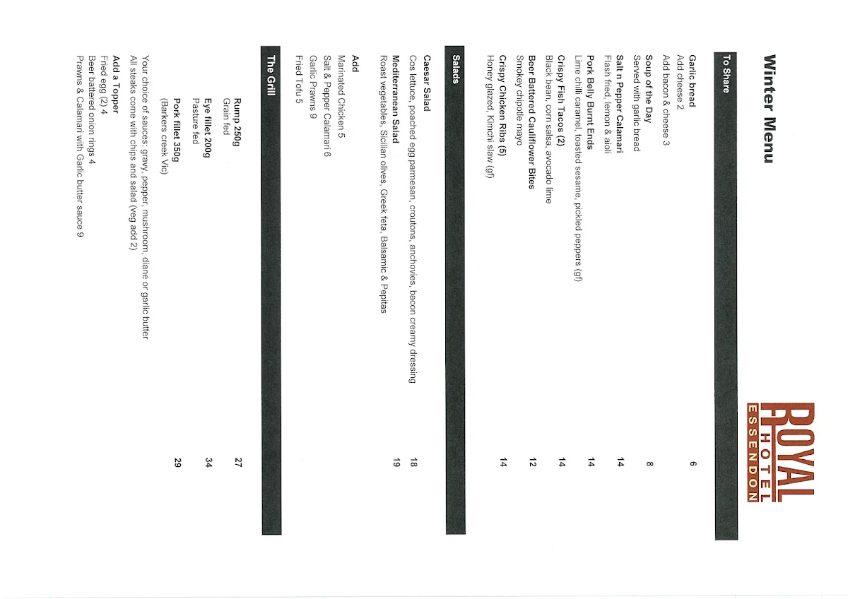 Menu, Royal Hotel