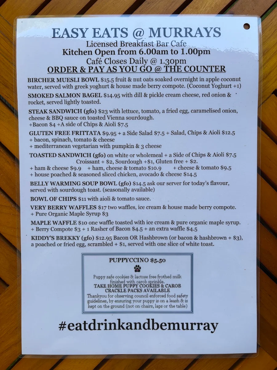 Menu, MURRAYS on sixth