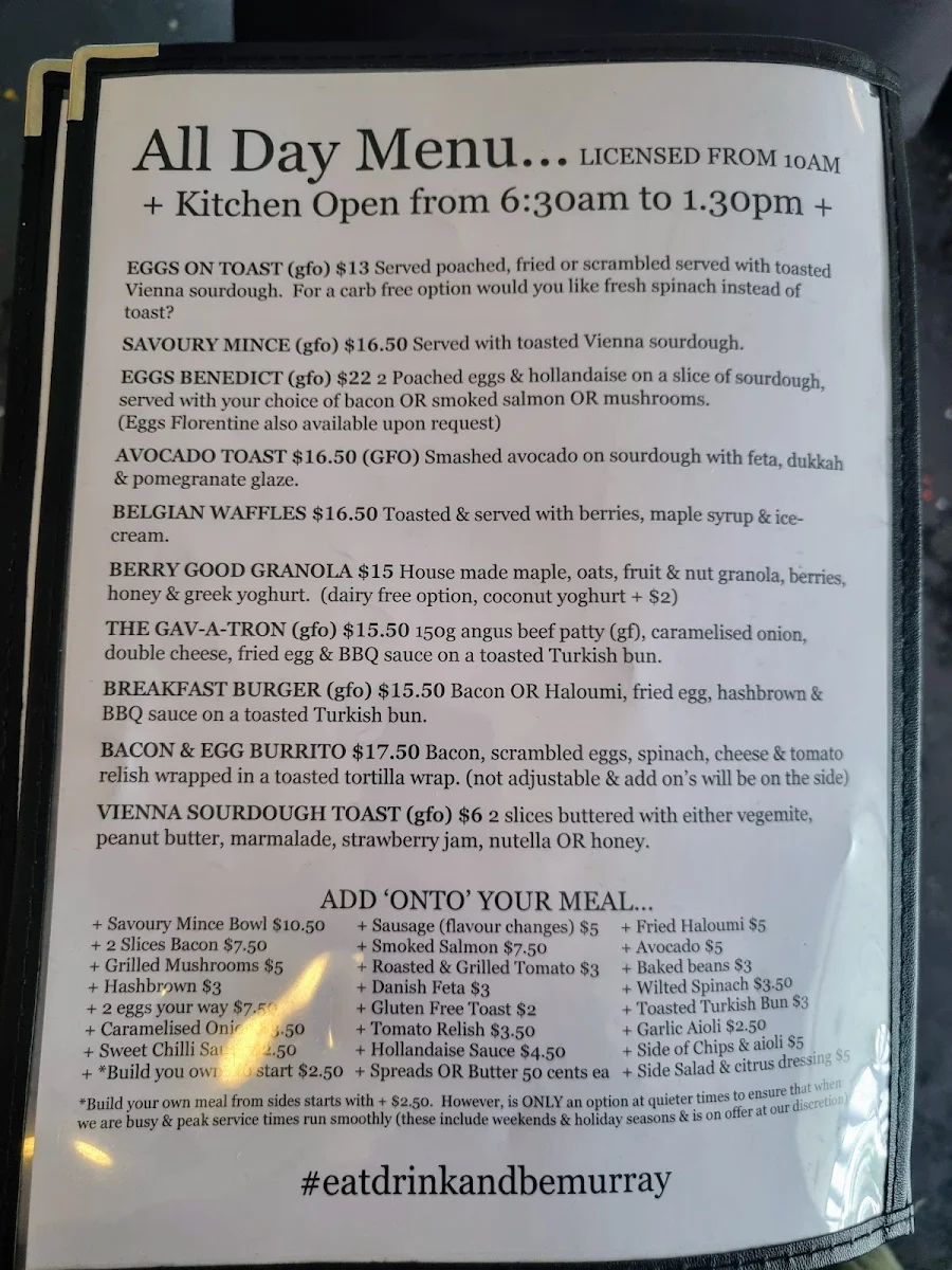 Menu, MURRAYS on sixth