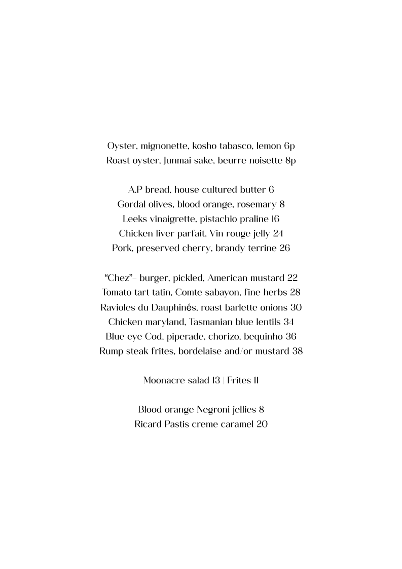 Menu, Chez Crix