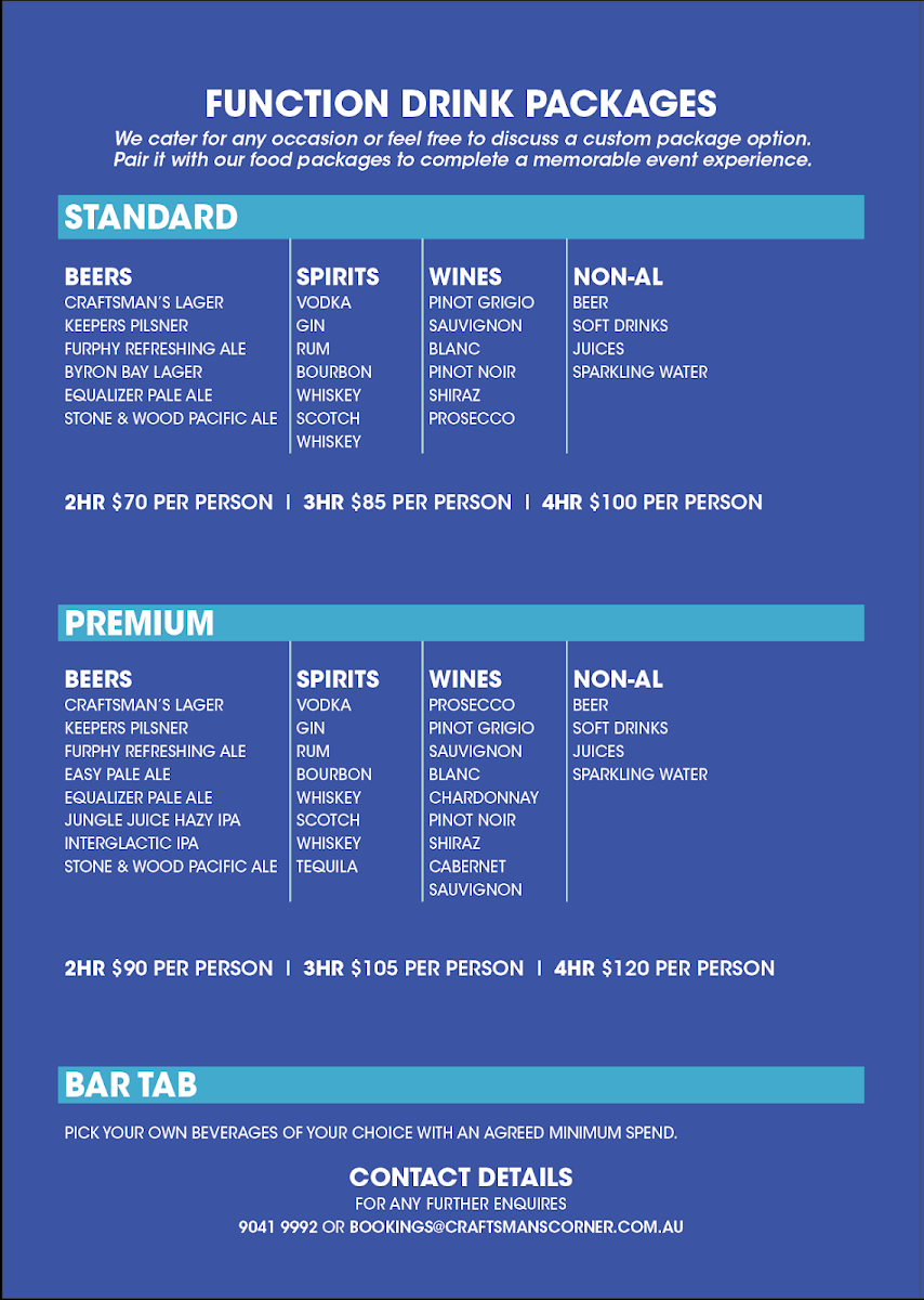 Menu, Craftsman's Corner Bar & Kitchen