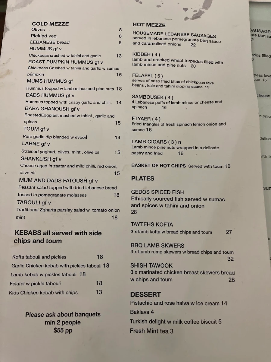 Menu, Mum & Dads Place