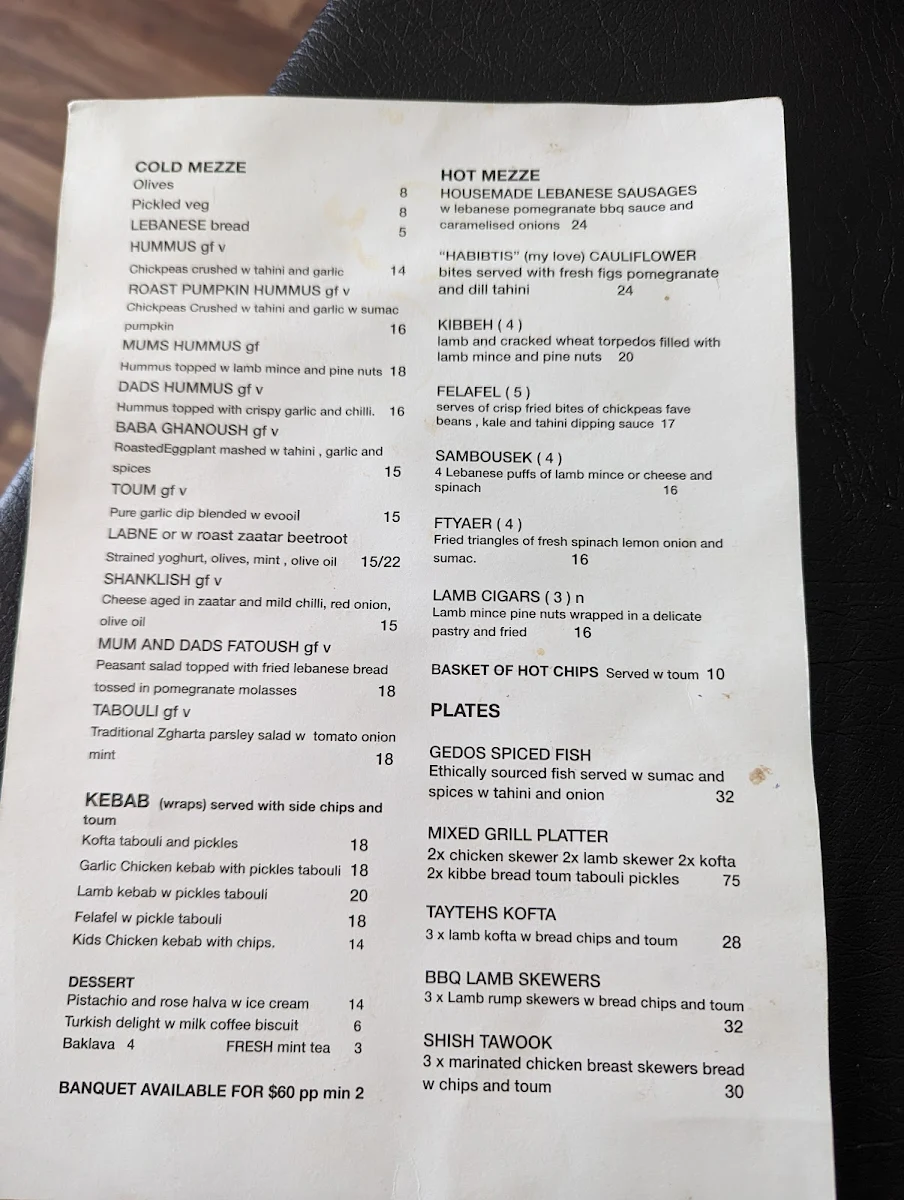 Menu, Mum & Dads Place