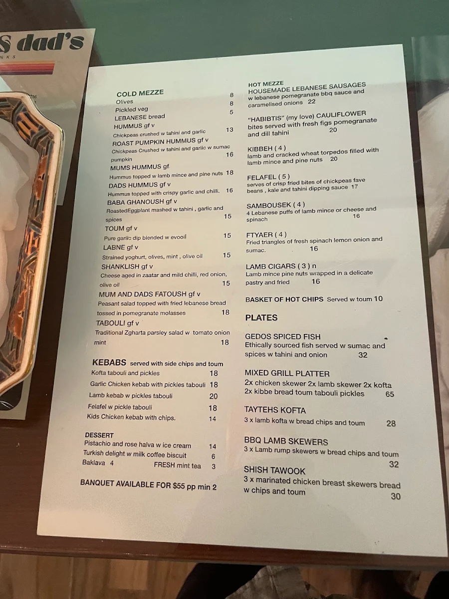 Menu, Mum & Dads Place
