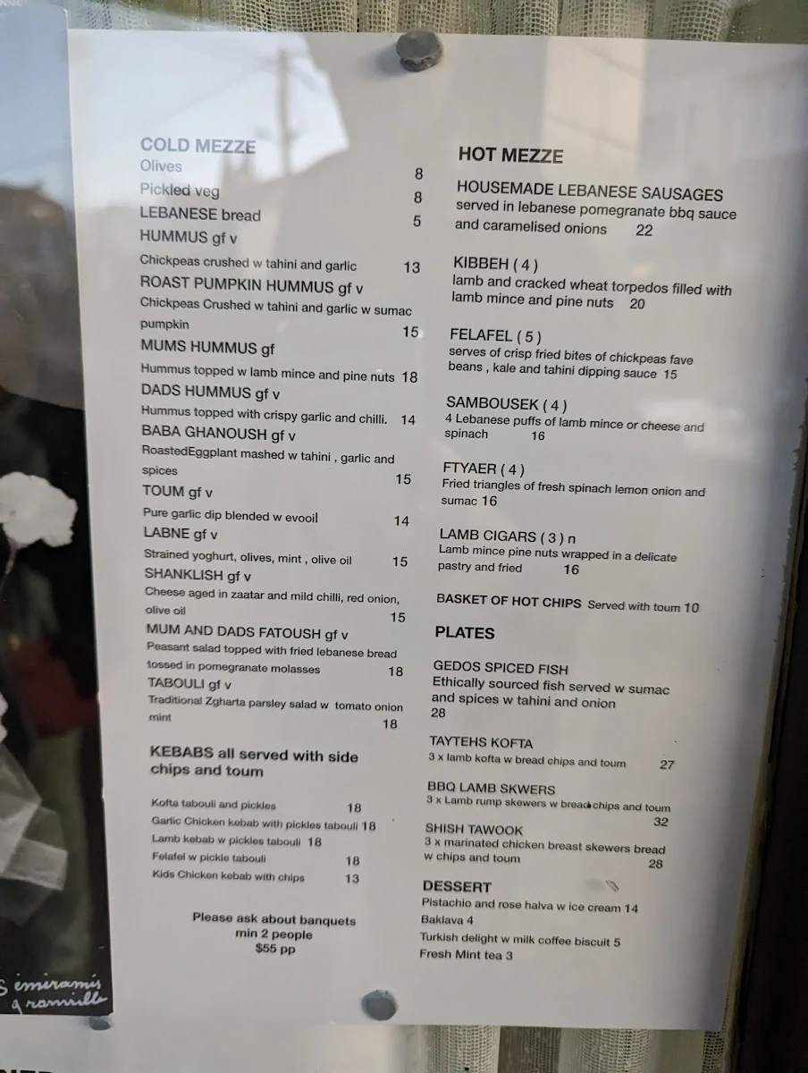 Menu, Mum & Dads Place