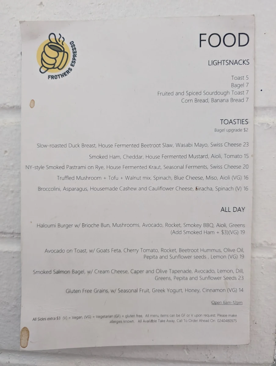 Menu, Frothers Espresso