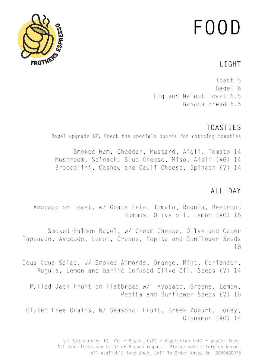 Menu, Frothers Espresso