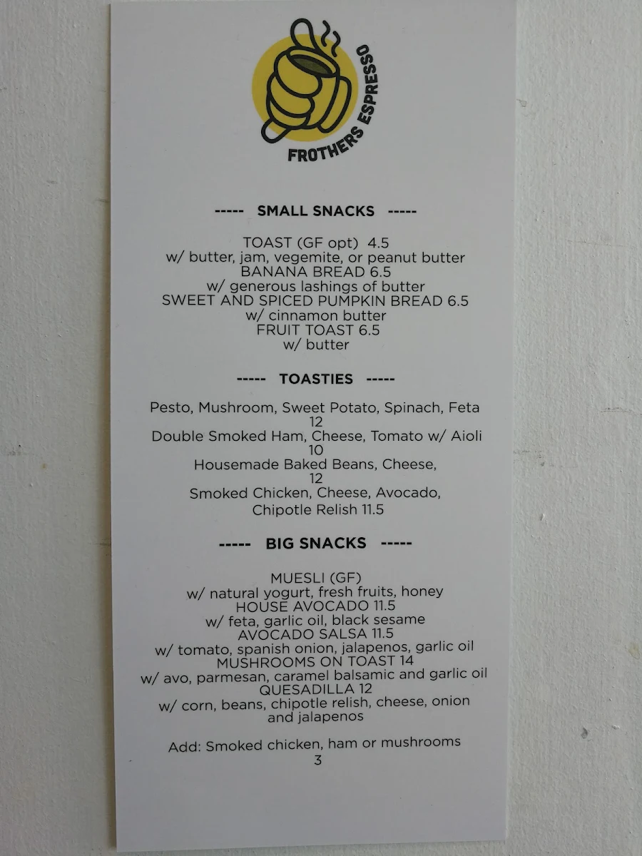 Menu, Frothers Espresso