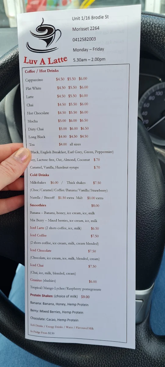 Menu, Luv A Latte TakeAway