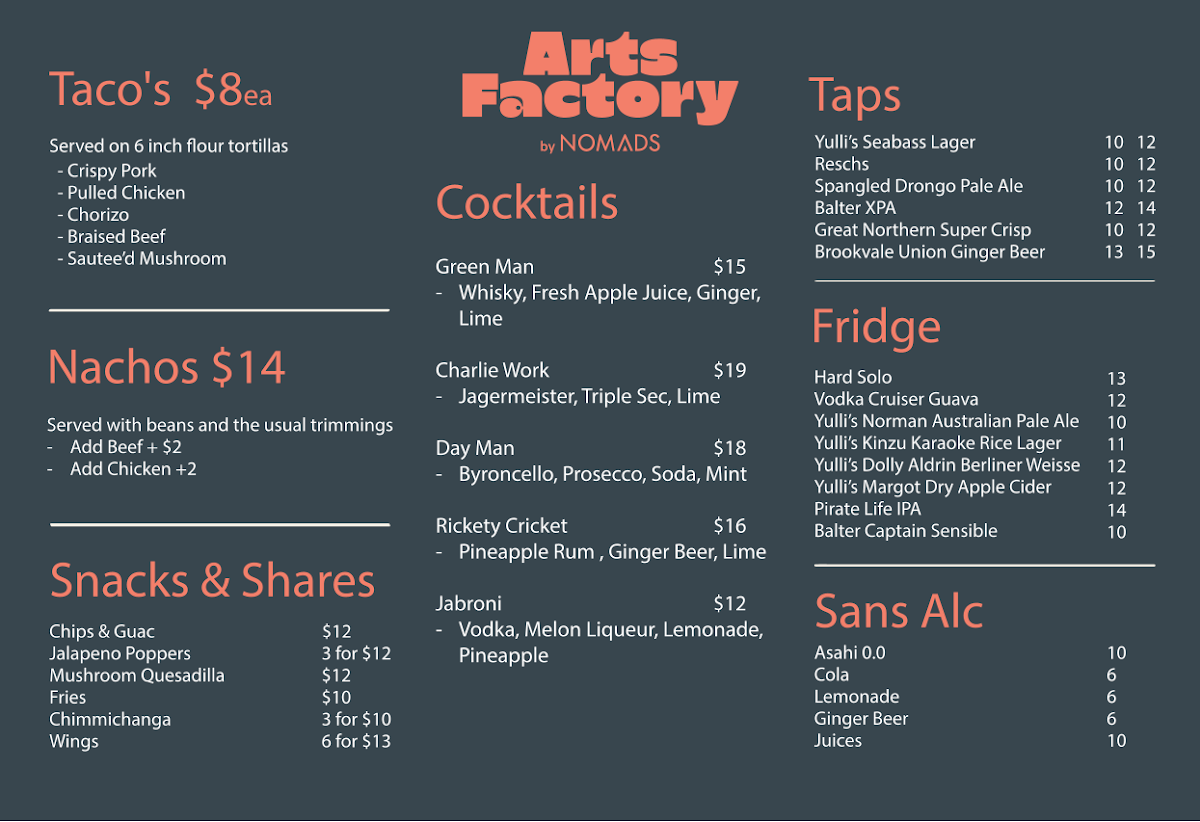 Menu, Arts Factory Garden Bar