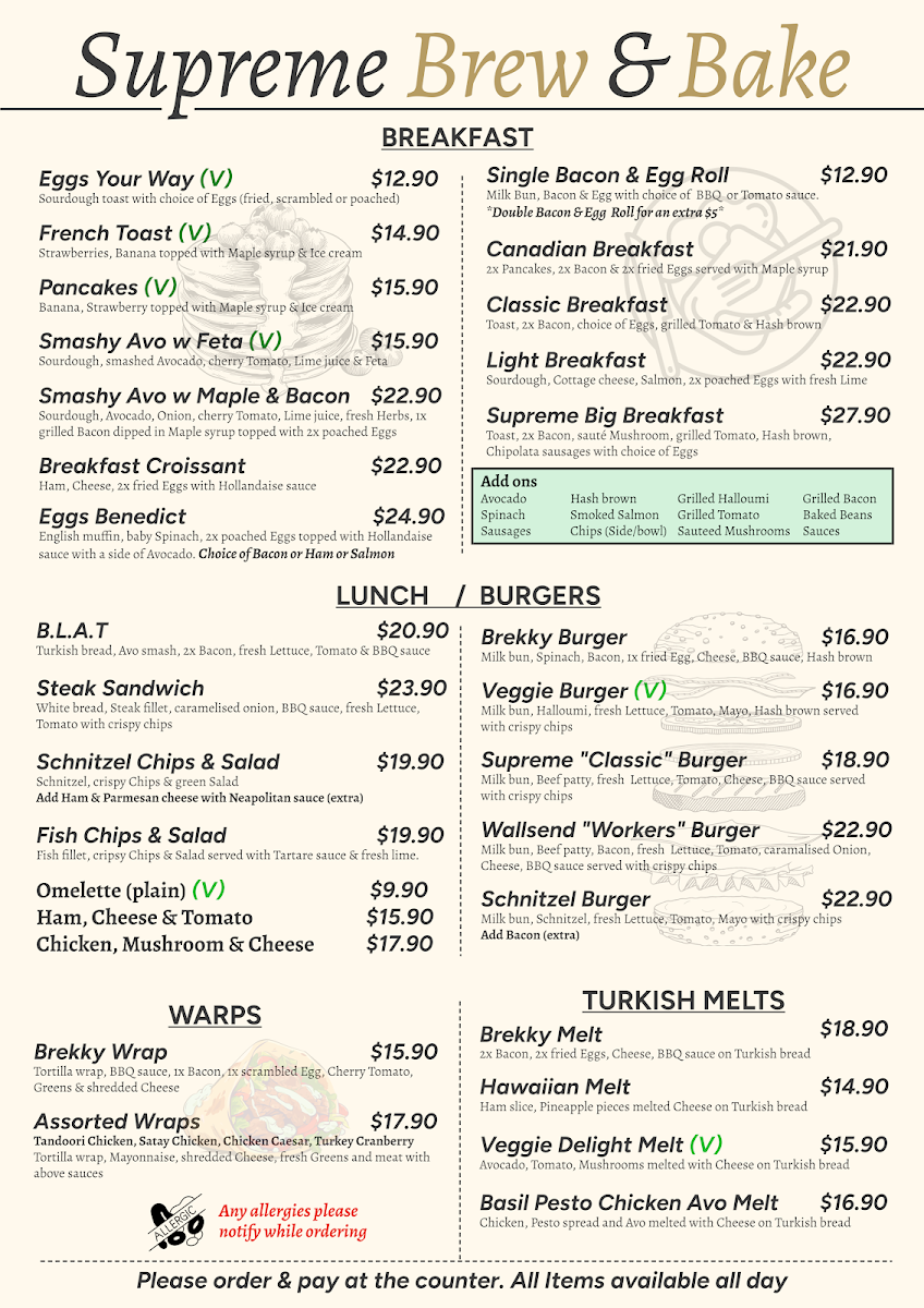 Menu, Supreme Brew & Bake