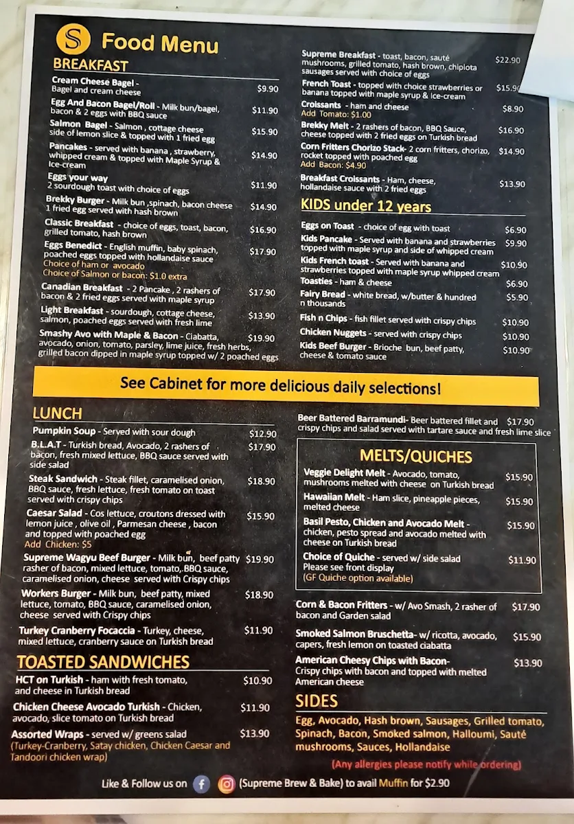 Menu, Supreme Brew & Bake