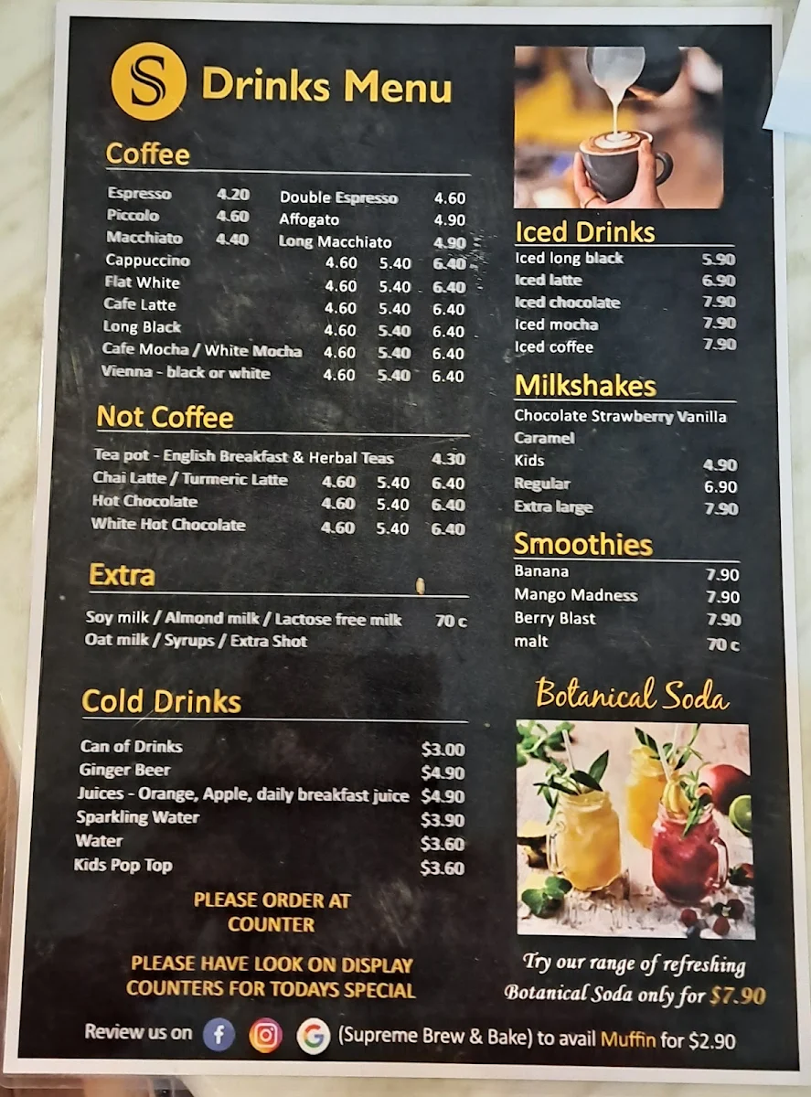 Menu, Supreme Brew & Bake