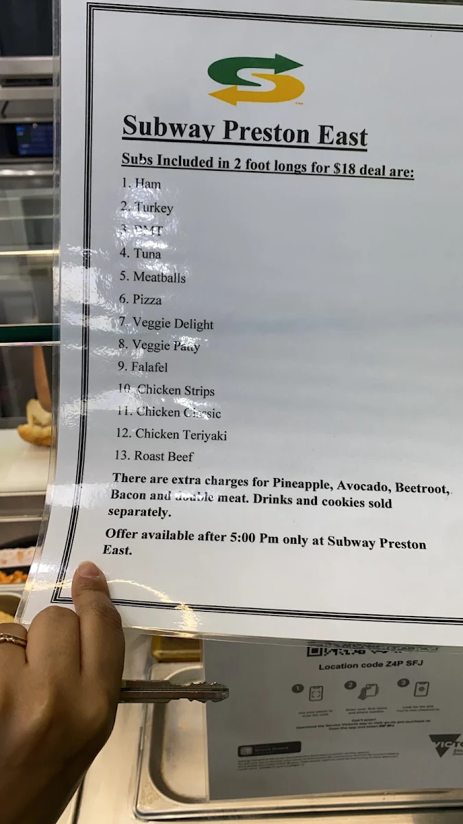 Menu, Subway Preston East