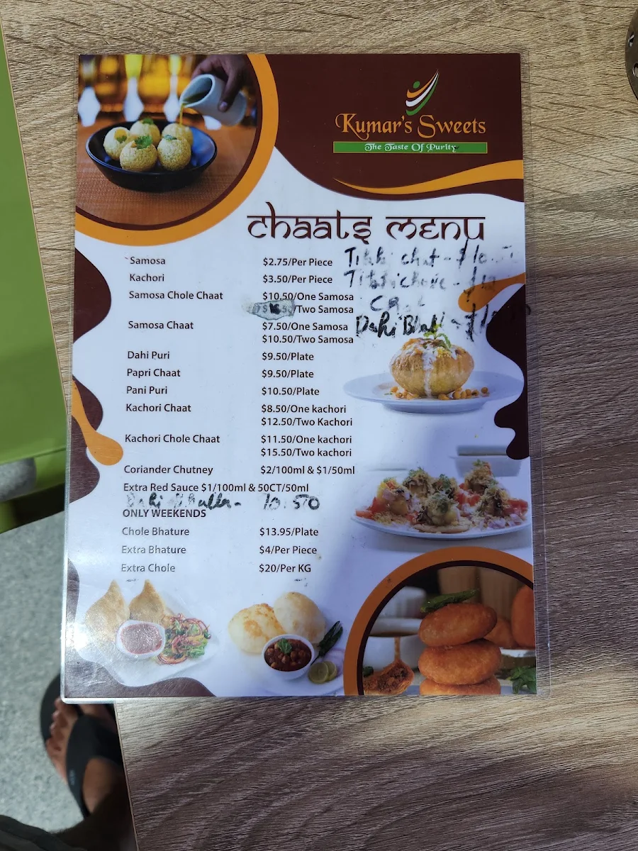 Menu, Kumar's Sweets