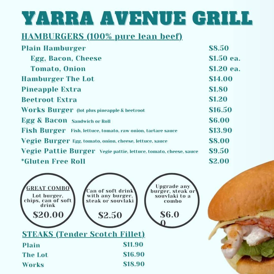 Menu, Yarra Avenue Seafood & Grill