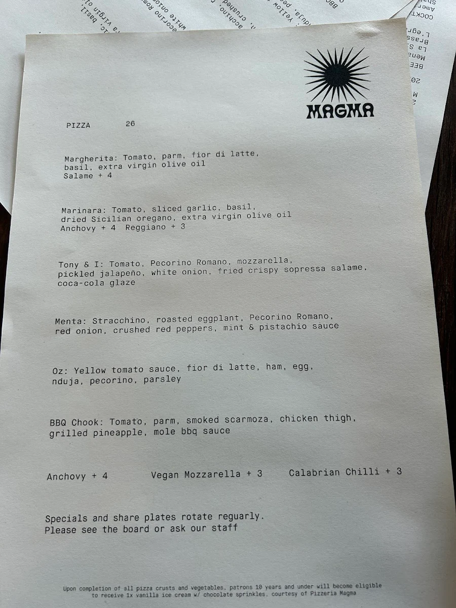Menu, Pizzeria Magma
