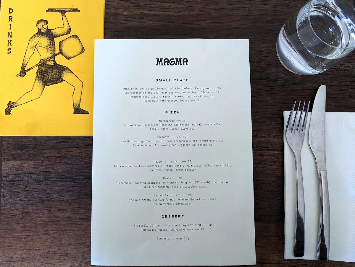 Menu, Pizzeria Magma