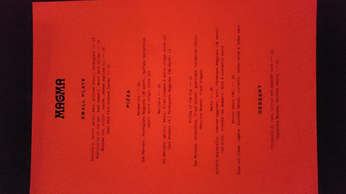 Menu, Pizzeria Magma