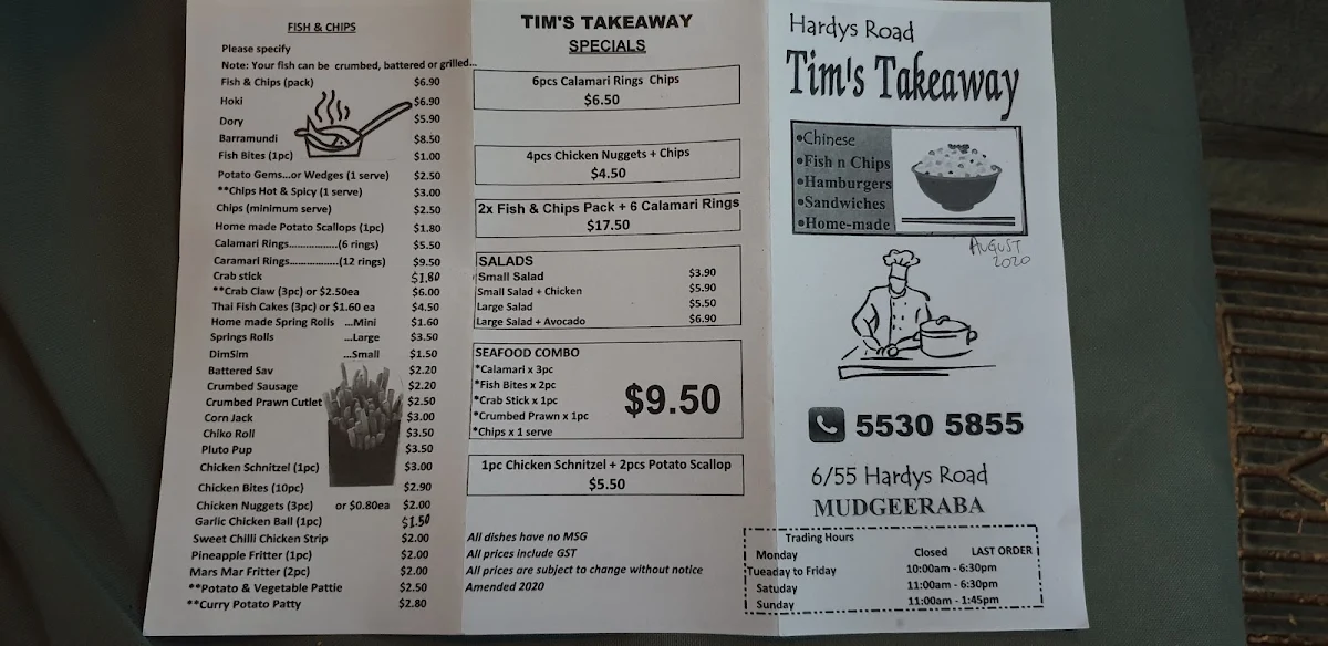 Menu, Hardys Road Takeaway