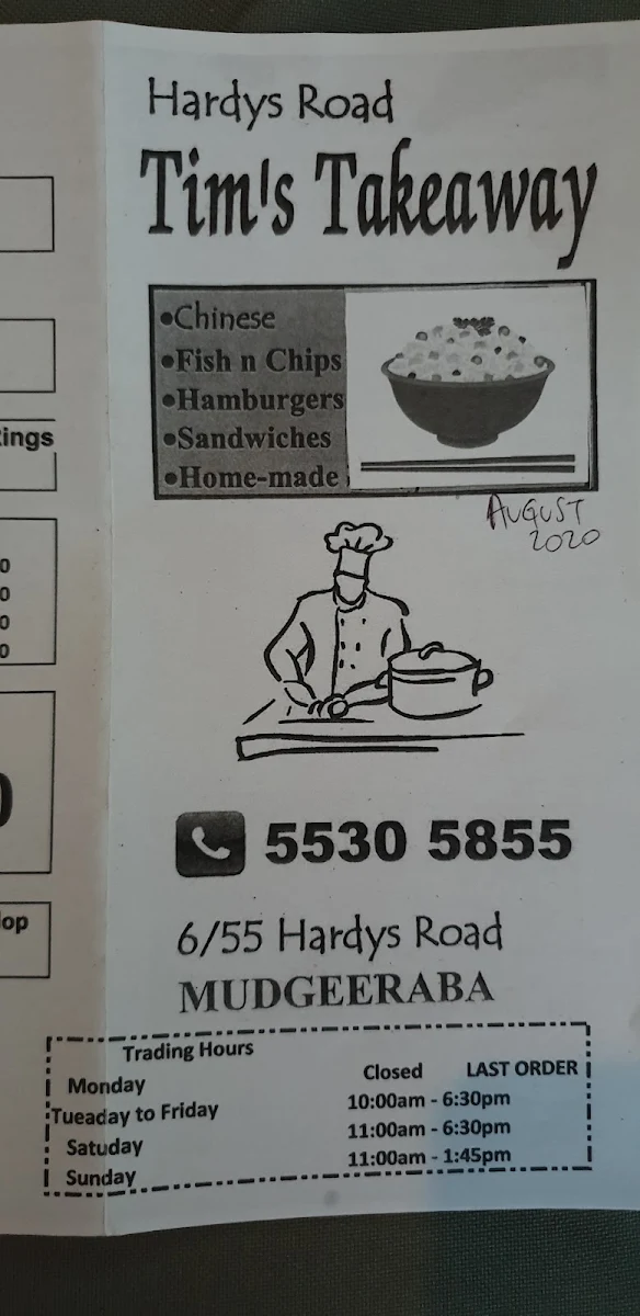 Menu, Hardys Road Takeaway