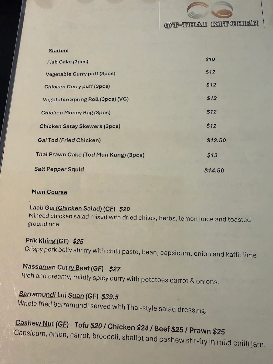 Menu, T-Thai Restaurant