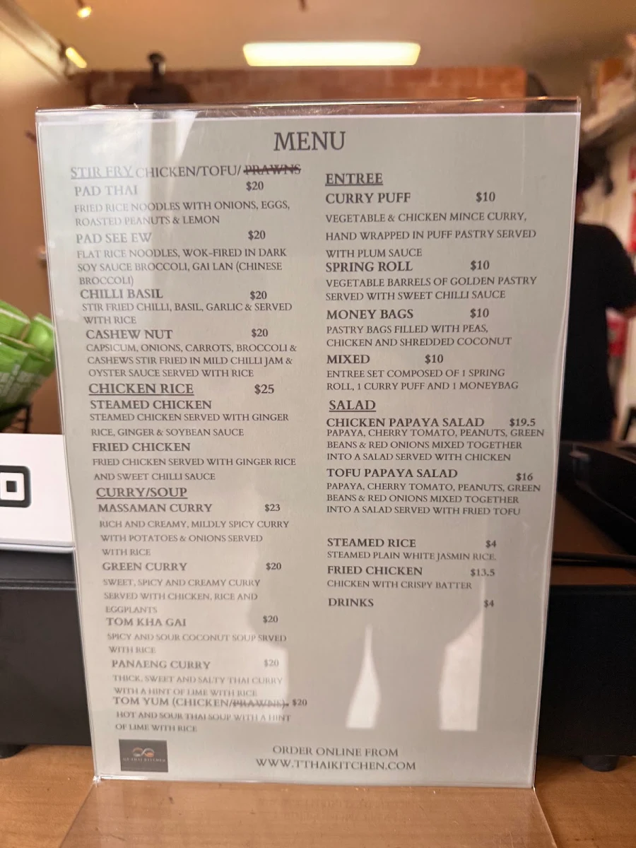 Menu, T-Thai Restaurant