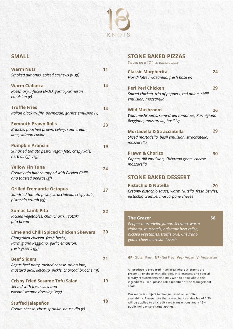 Menu, 18 Knots Rooftop Bar