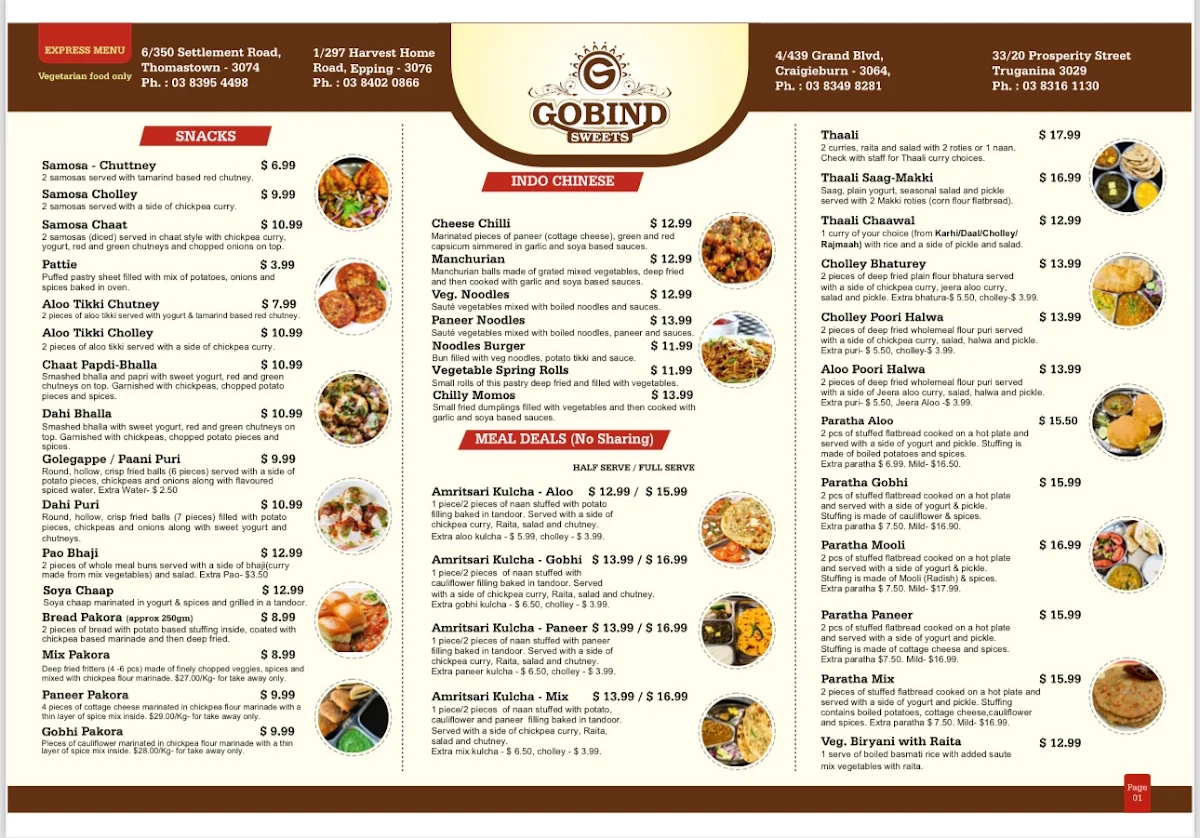 Menu, Gobind Sweets
