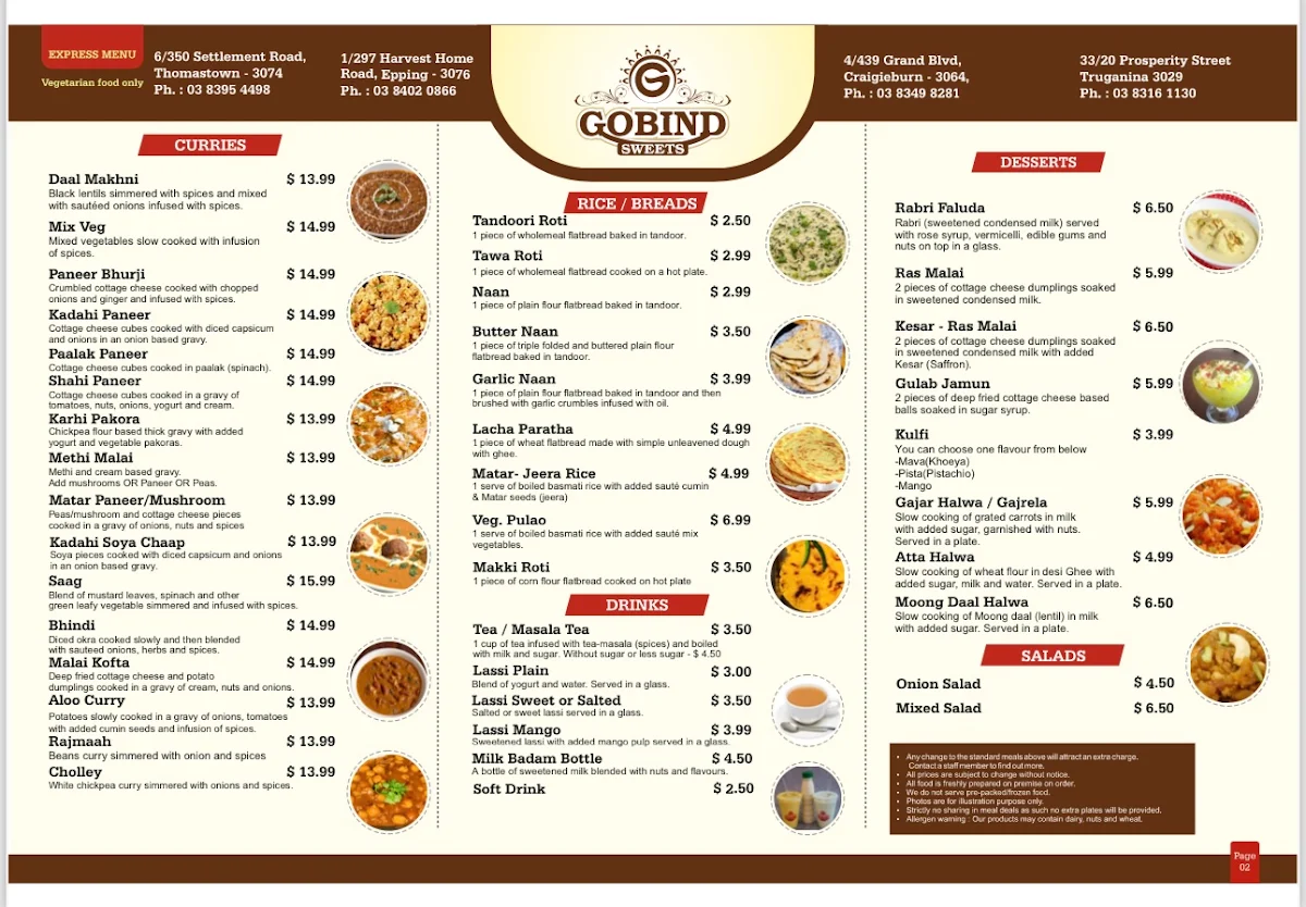 Menu, Gobind Sweets
