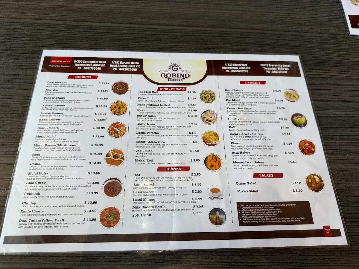 Menu, Gobind Sweets
