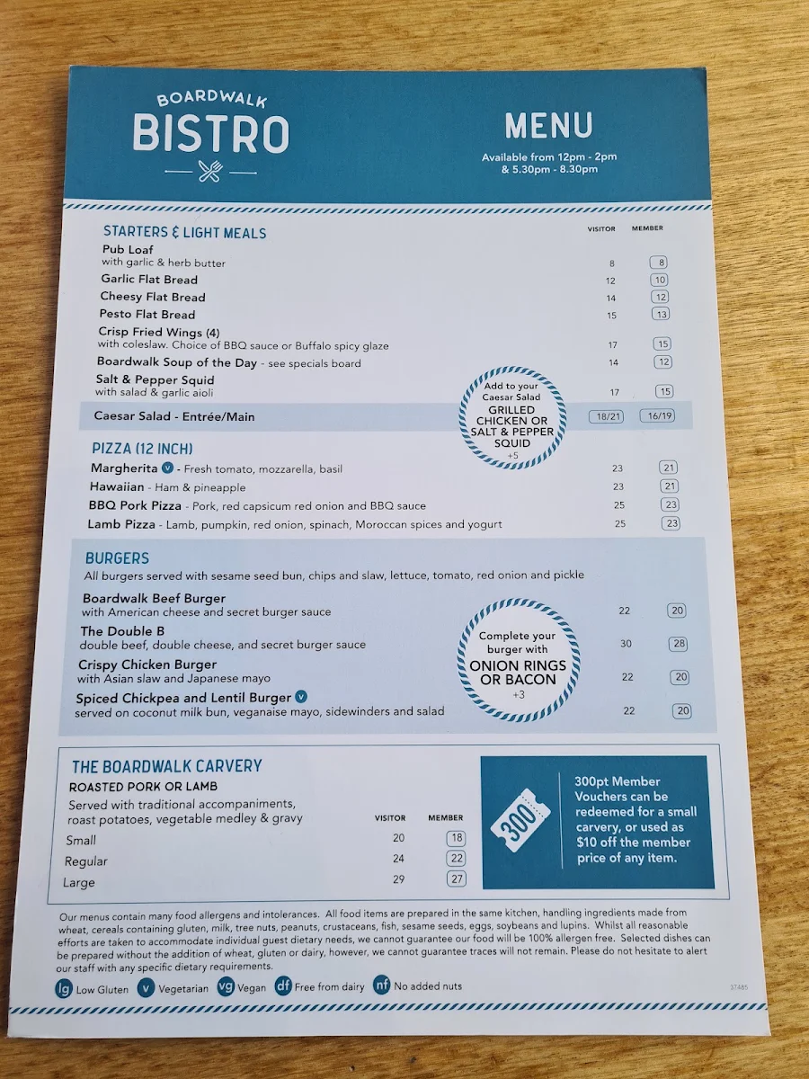Menu, Boardwalk Bistro