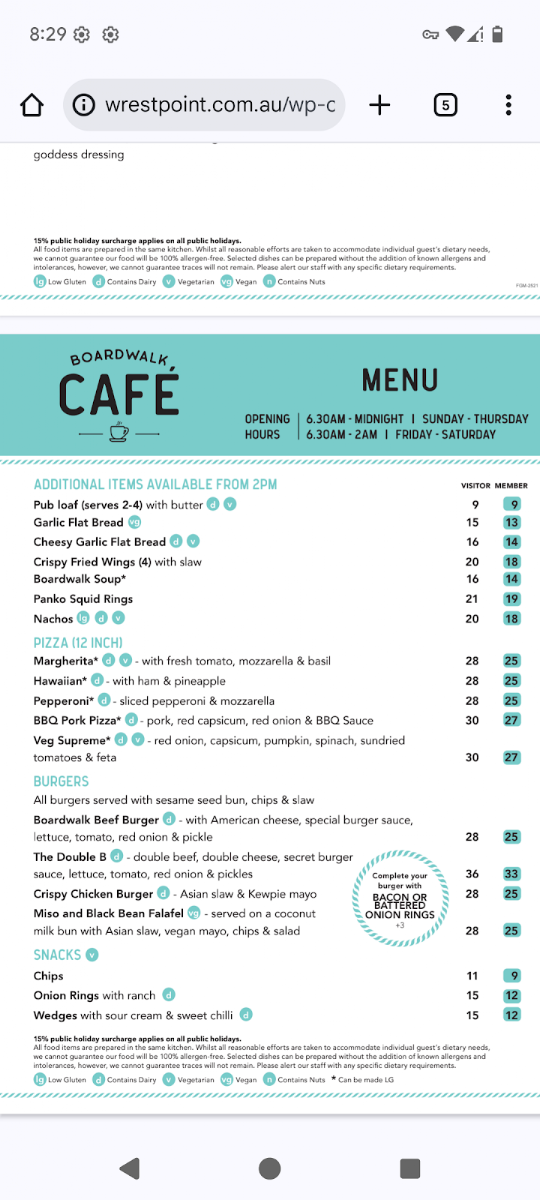 Menu, Boardwalk Bistro