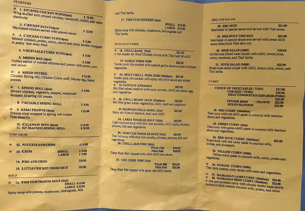 Menu, Hanuman Thai Restaurant