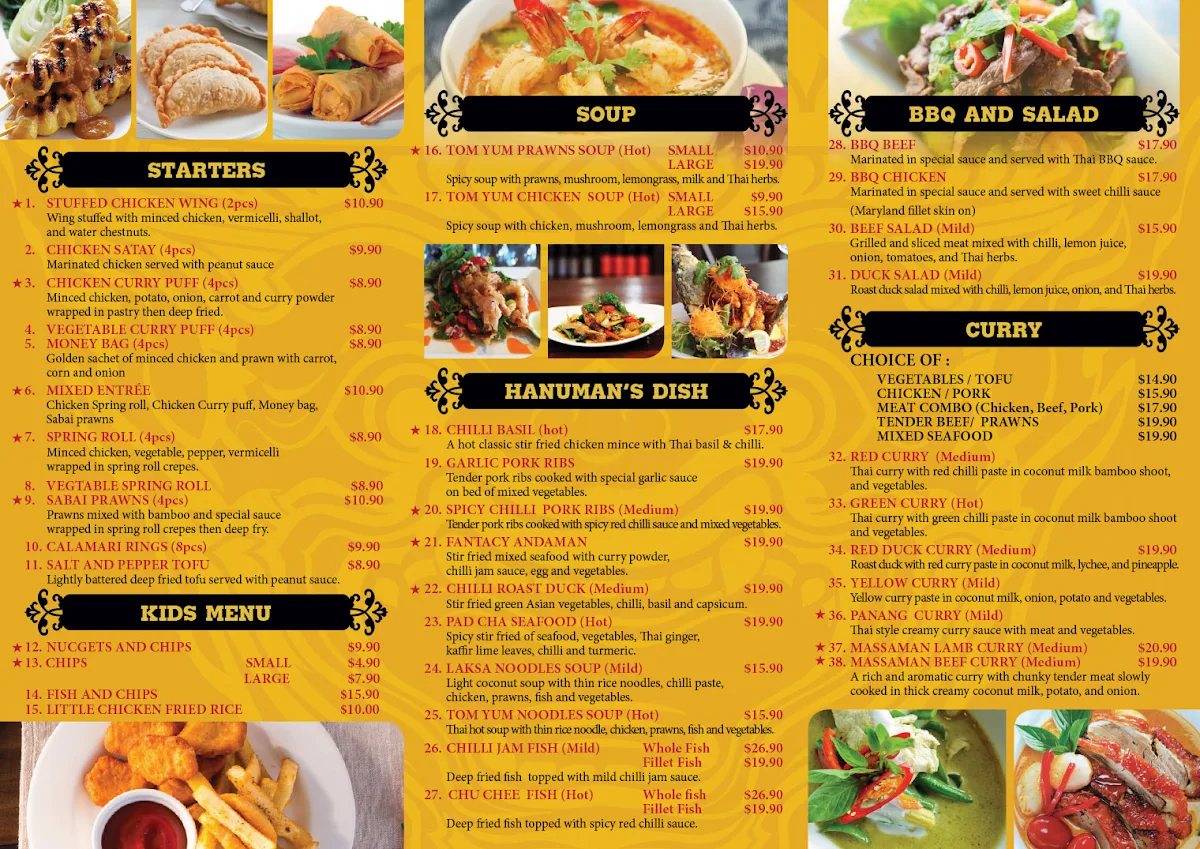 Menu, Hanuman Thai Restaurant