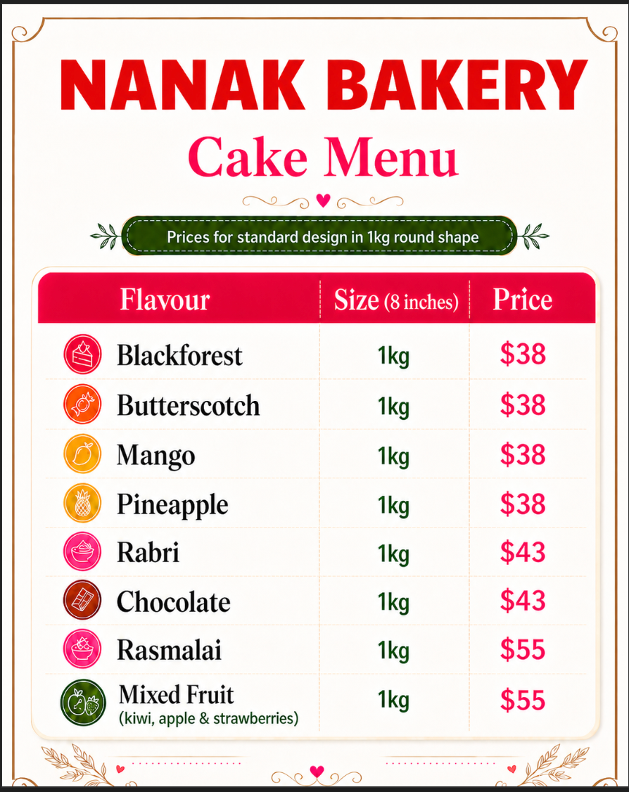 Menu, Nanak Eggless Cake & Bakery Pakenham